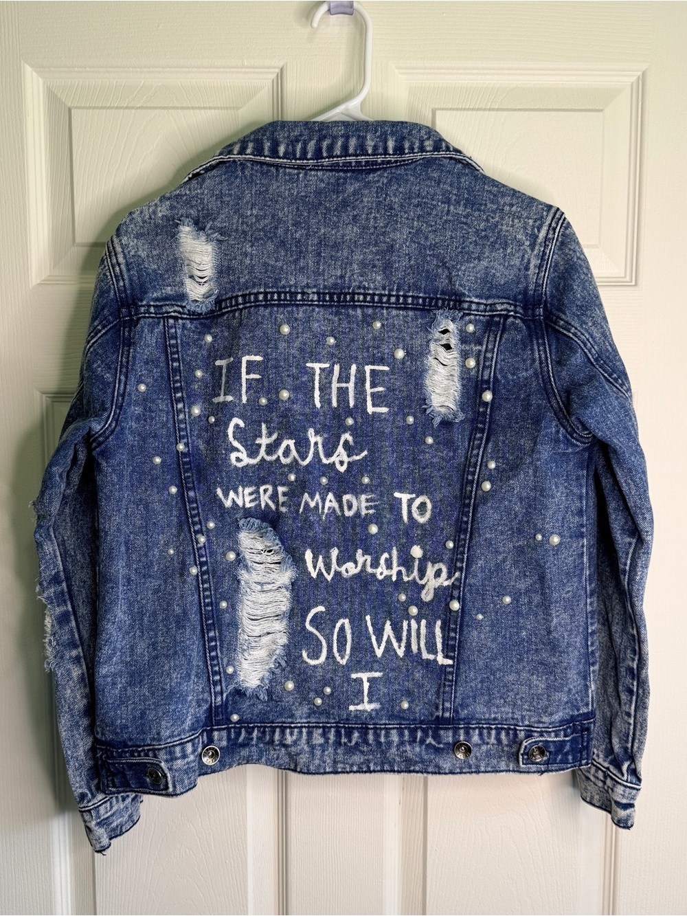 Custom Denim Jacket With Pearls And Inspirational Quote